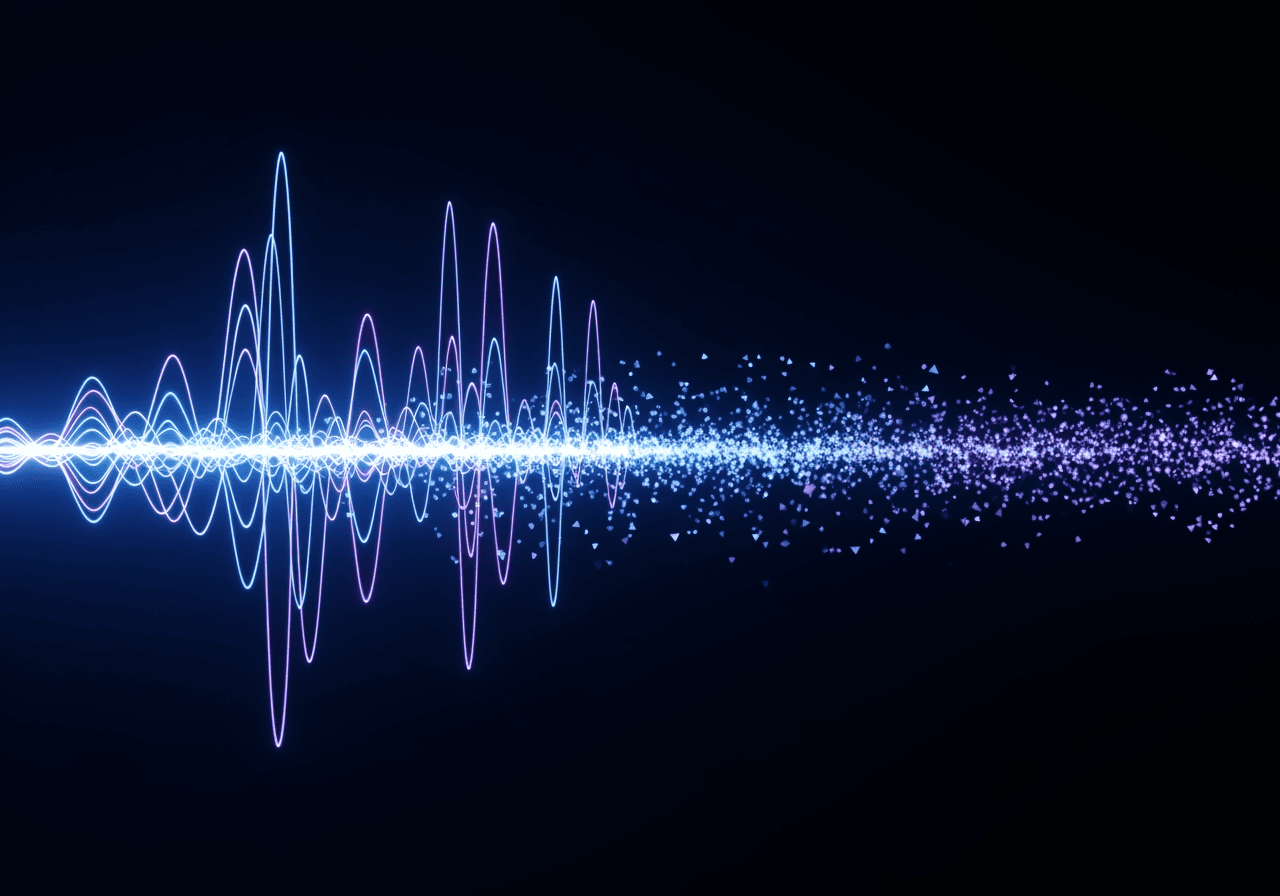 디지털 환경에서 고음질 음파가 입자로 변환되는 추상적 시각화