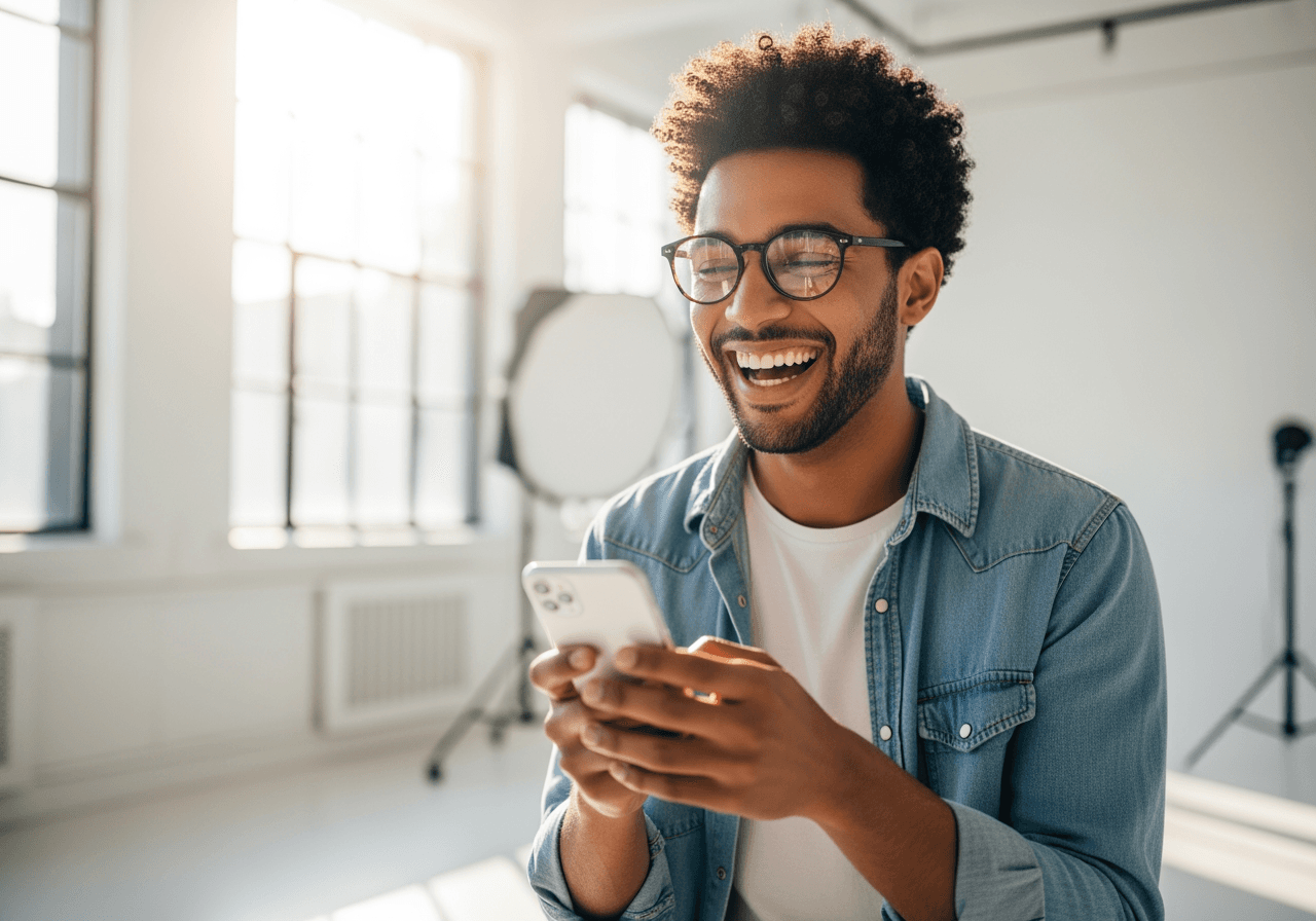 Persona che ride davanti allo smartphone creando meme