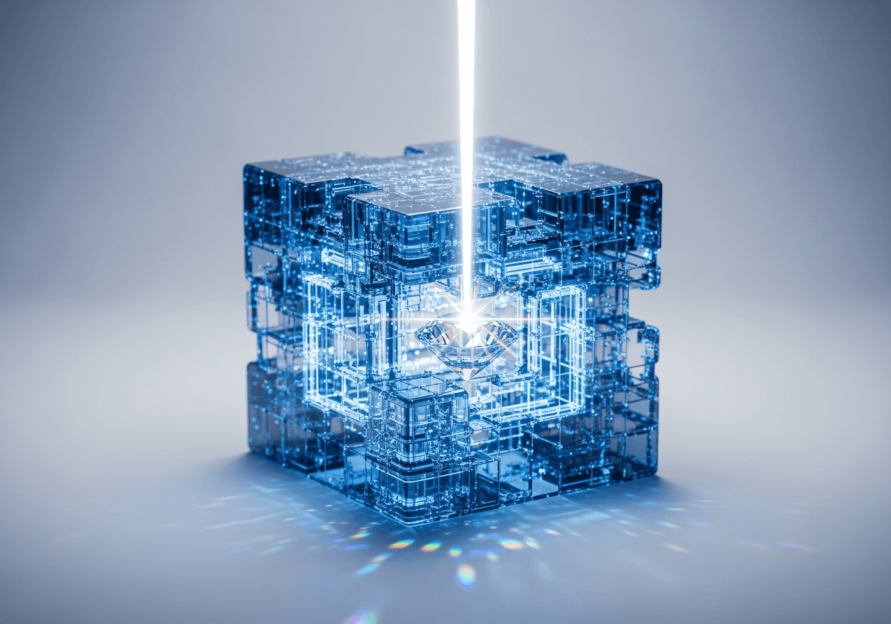 큰 디지털 블록이 빛을 받아 작고 빛나는 보석으로 정제되는 3D 렌더링 이미지