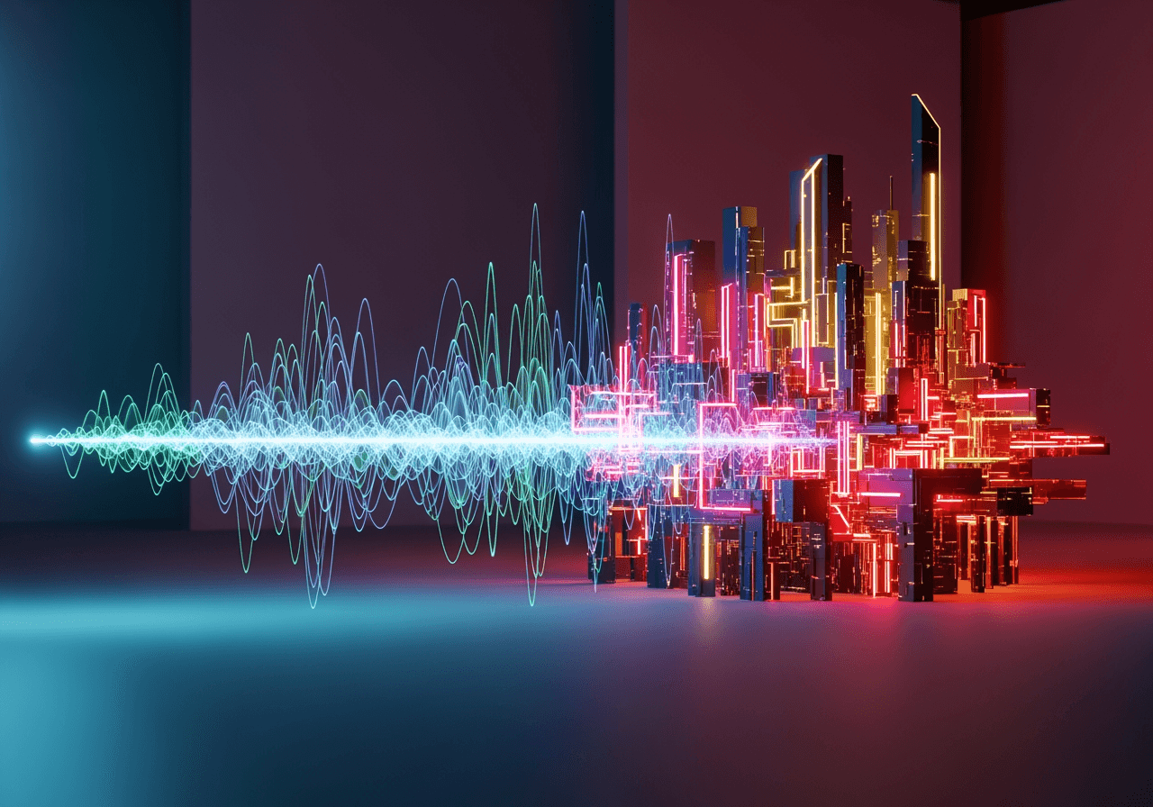 빛나는 오디오 파형이 3D 네온 비디오 구조로 변하는 추상적 이미지