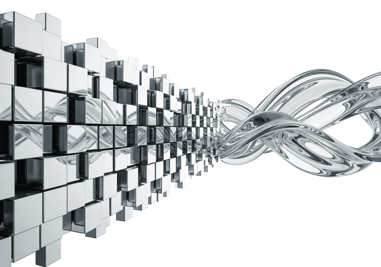 픽셀화된 구조가 선명한 유리 물결로 변하며 고화질 업스케일링을 표현한 이미지