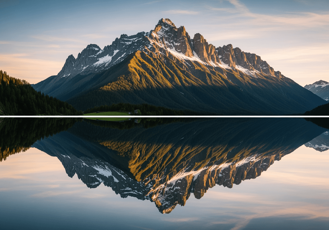 山と湖の完璧な対称反射を示す分割画面の風景