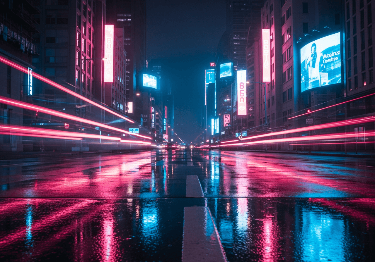 네온 사인이 비치는 밤의 미래 도시 거리, 무한 루프 애니메이션 상징