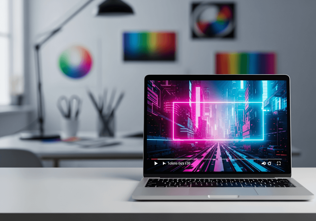 Laptop su una scrivania da studio moderna che mostra un video in stile cyberpunk sullo schermo