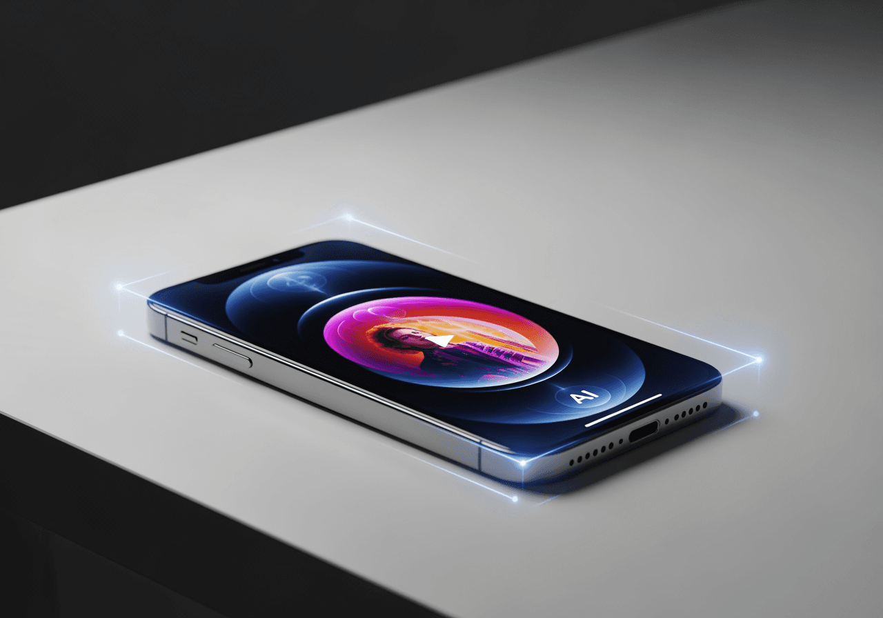 显示清晰 4K 视频并带有抽象 AI 光泽的 iPhone