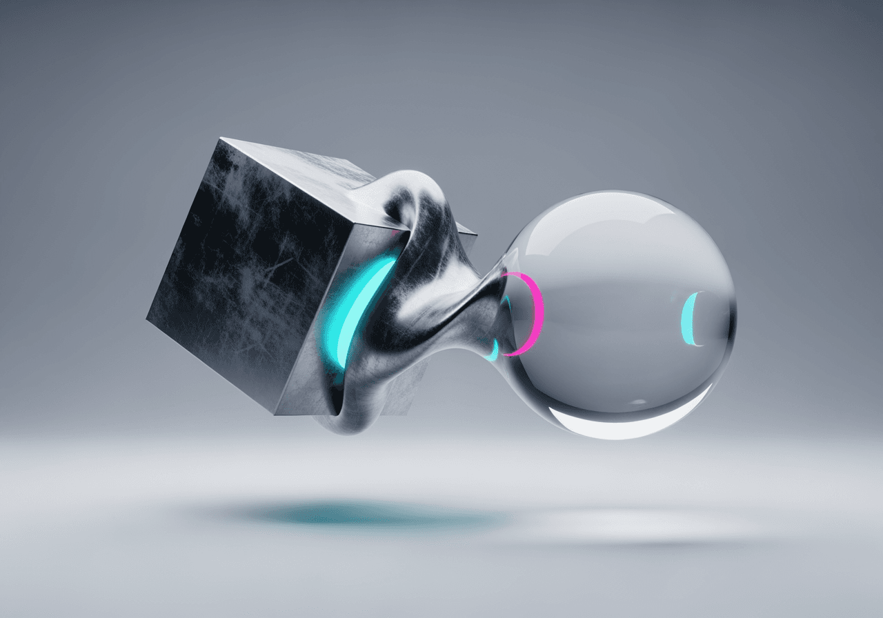 금속 큐브가 투명한 유리 구체로 부드럽게 변하는 추상적인 3D 아트, MOV에서 WebM으로의 변환을 상징