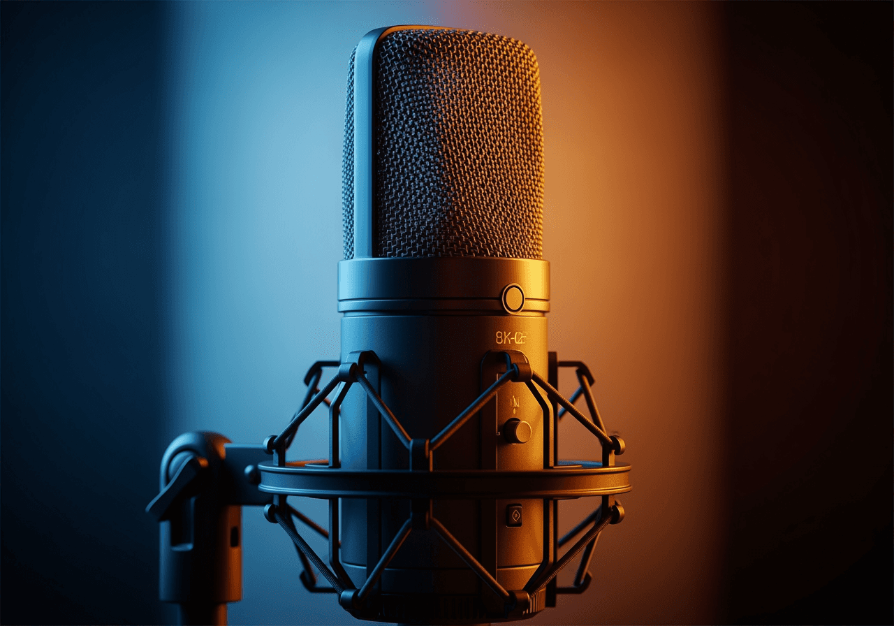 영어와 스페인어 오디오 번역을 상징하는 파란색과 호박색 조명이 비추는 전문 스튜디오 마이크