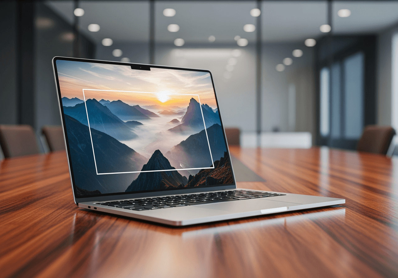 모던한 사무실 노트북 화면에서 재생되는 고화질 4K 프레젠테이션 비디오