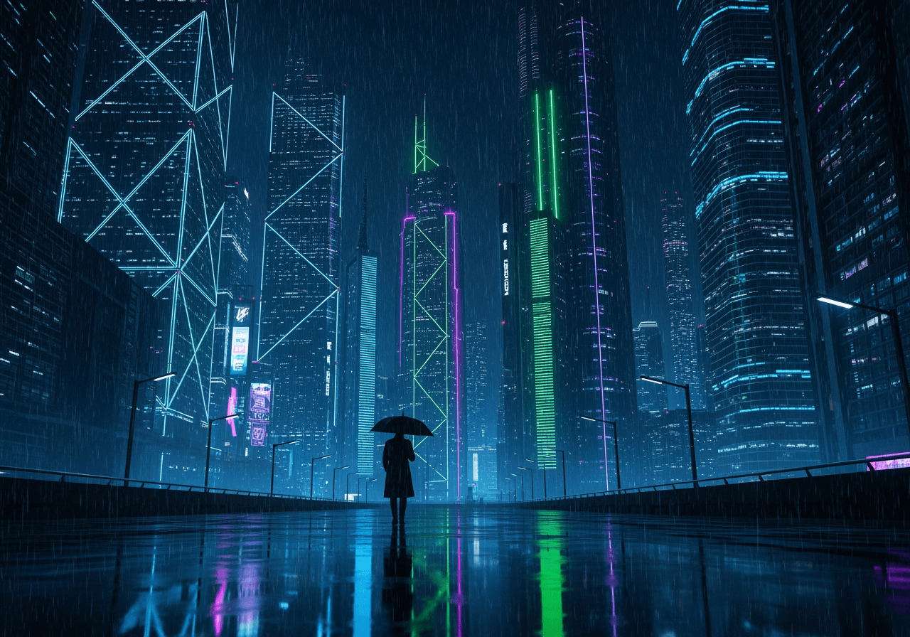 Vista noturna de neon de uma cidade cyberpunk com chuva caindo
