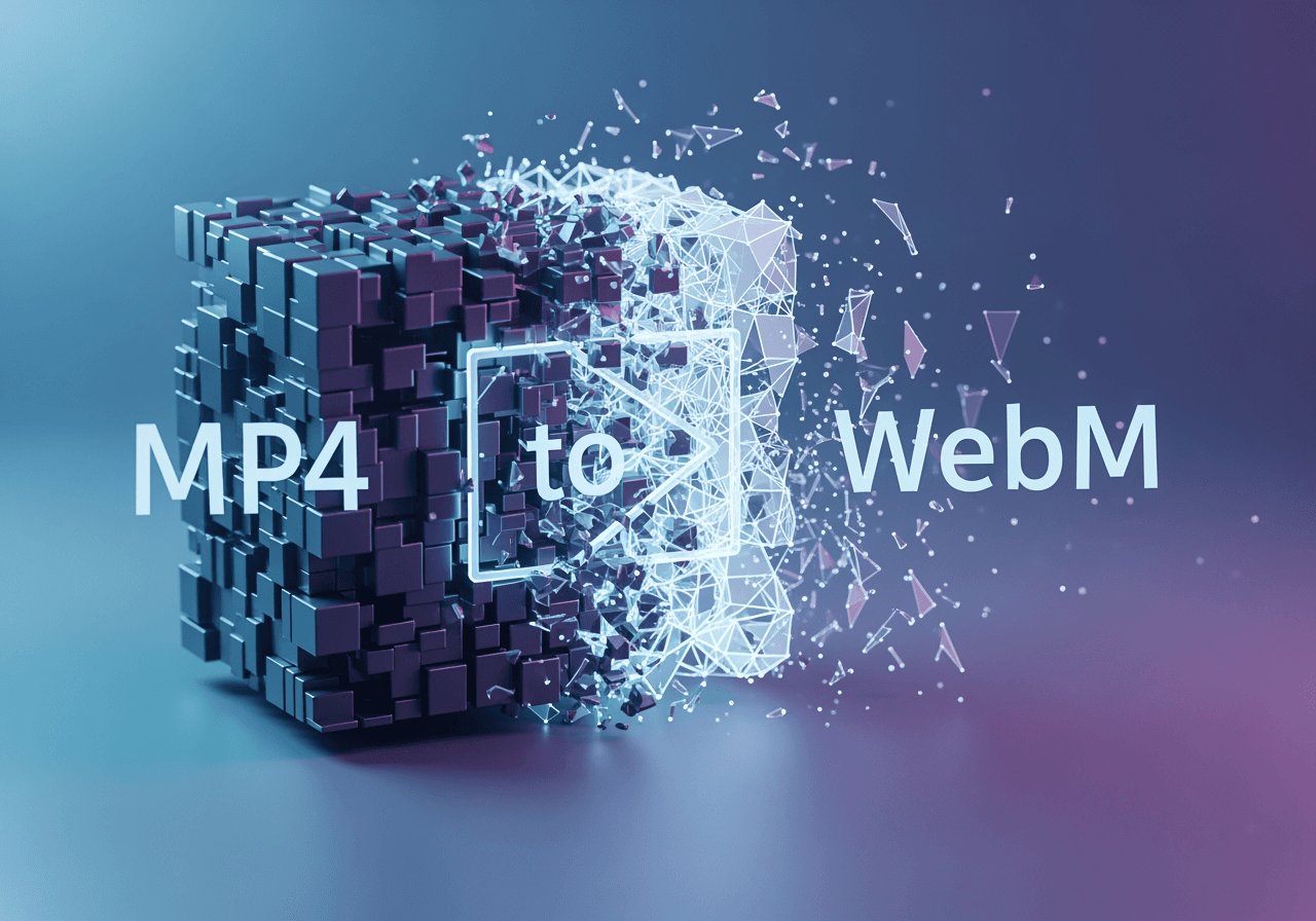 Image 3D abstraite représentant la conversion vidéo MP4 vers WebM utilisant l'IA
