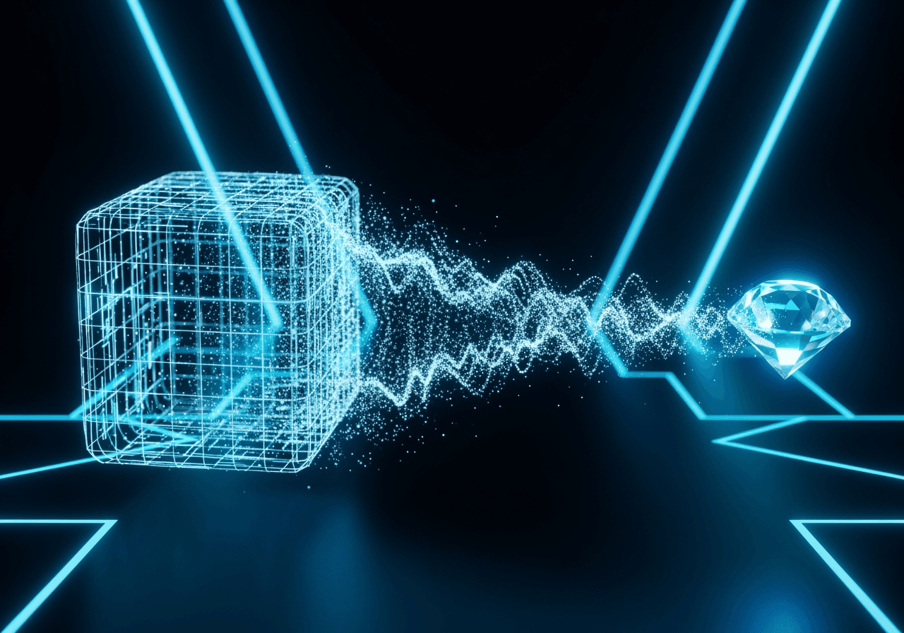 Abstract 3D visualization of a large digital block being compressed into a small, brilliant gem