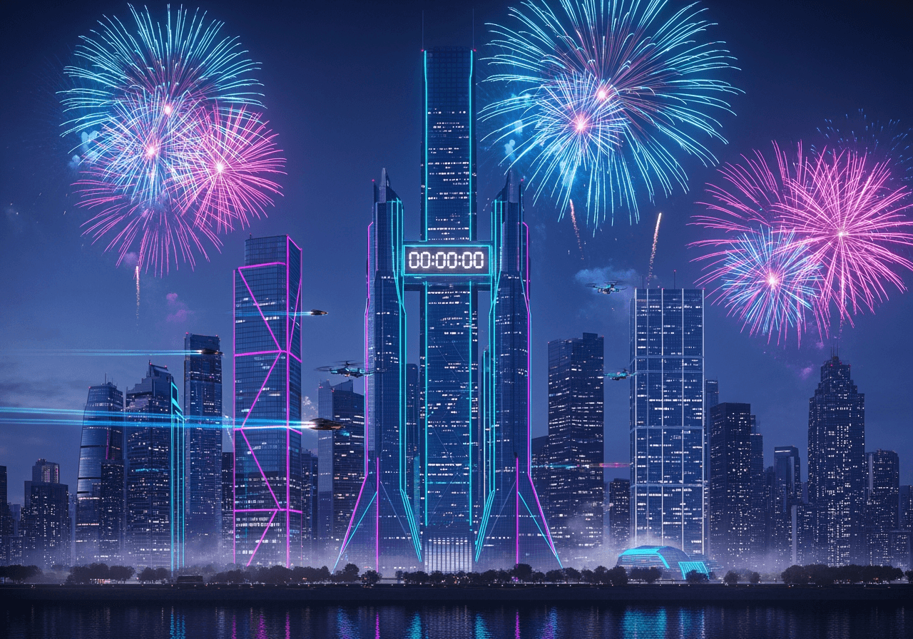 Lebhaftes Feuerwerk über einer futuristischen Skyline zur Feier des Neujahrs 2026