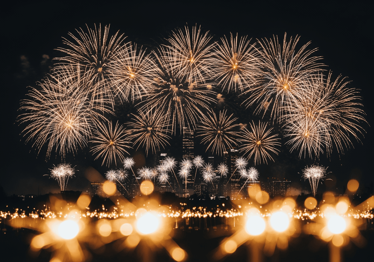 Feux d'artifice dorés spectaculaires illuminant le ciel nocturne au-dessus d'une ville