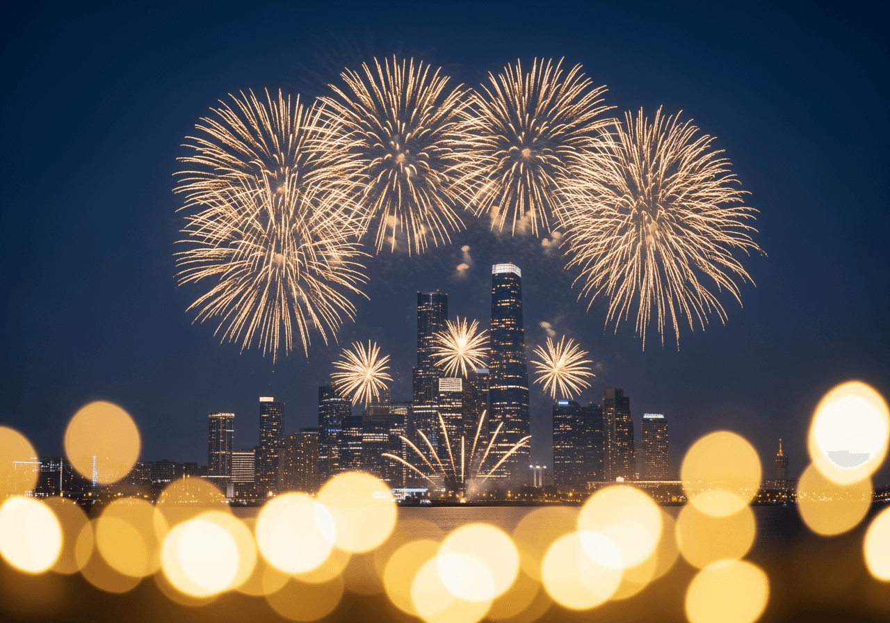 Fundo festivo elegante com fogos de artifício dourados iluminando o céu noturno para a celebração de Feliz Año Nuevo