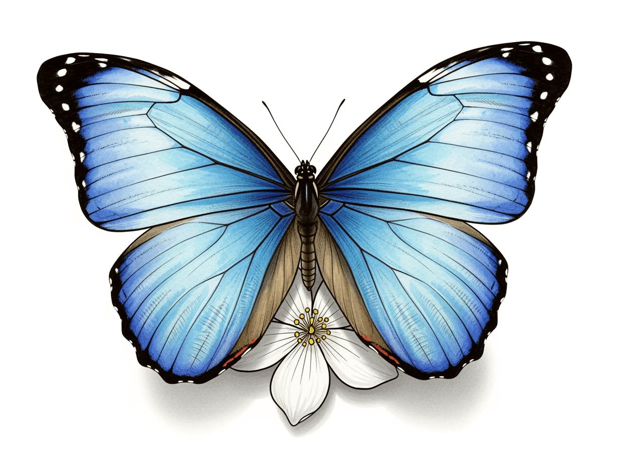 复古植物插画风格的蓝色大闪蝶停在花朵上