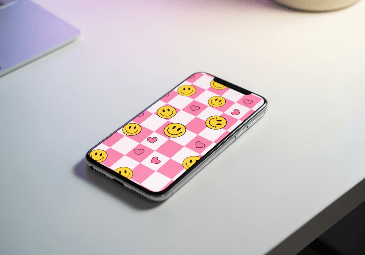 Smartphone displaying a preppy wallpaper with pink checkerboard and smiley patterns
