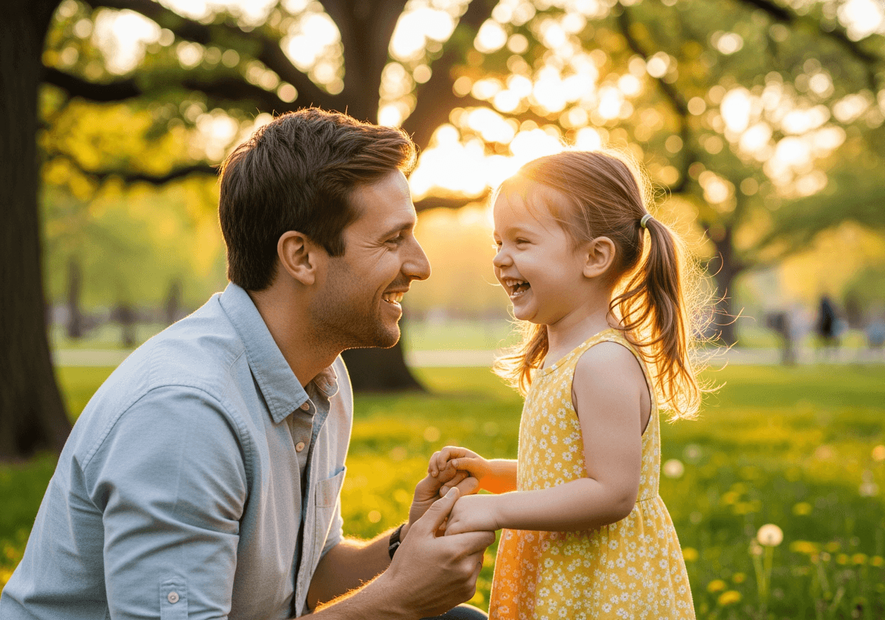 日当たりの良い公園で一緒に笑っている父親と子供