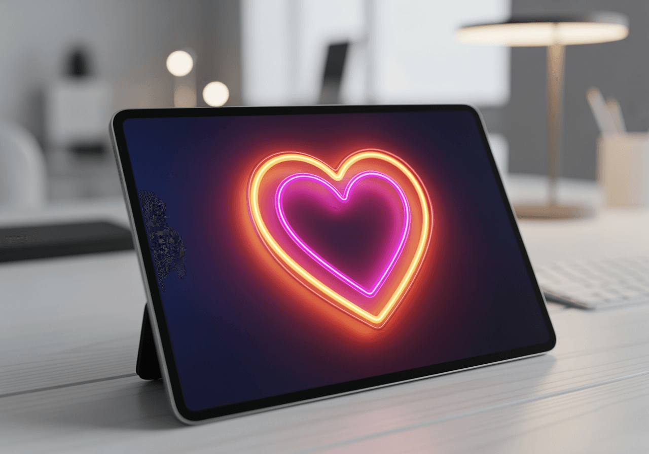 Pantalla de tableta digital mostrando una animación de corazón de neón 3D brillante sobre un escritorio