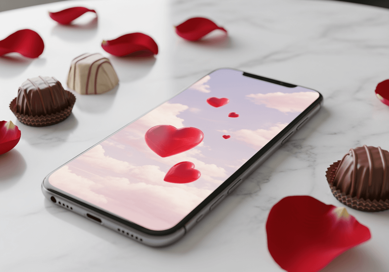 Smartphone mostrando fondo de pantalla romántico de San Valentín con nubes pastel y corazones
