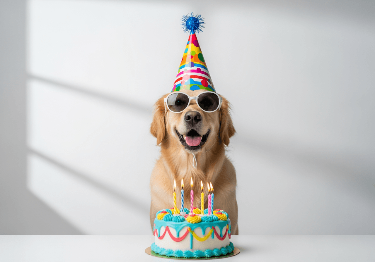 Cane carino con cappello da festa e occhiali da sole seduto davanti a una torta di compleanno
