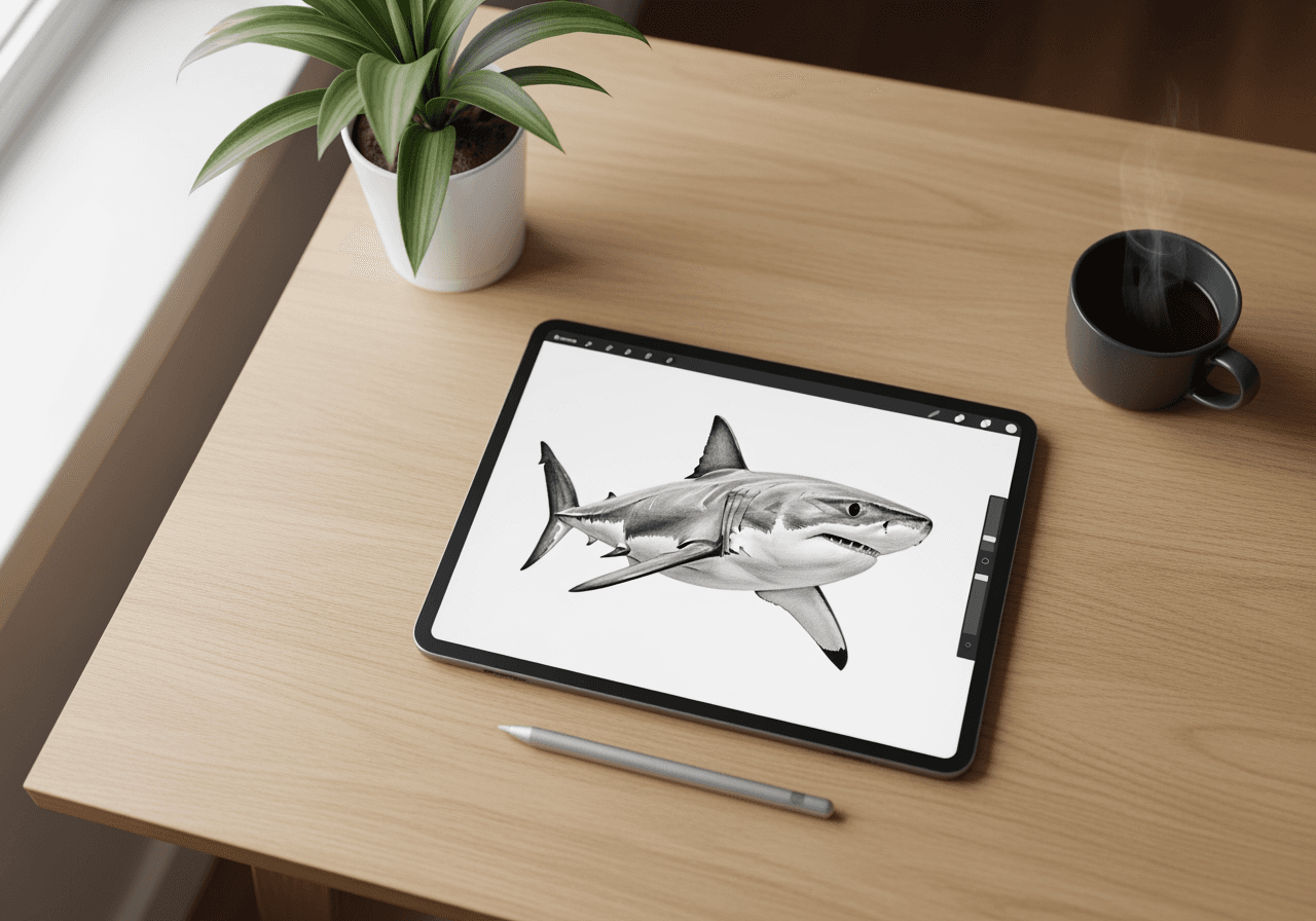 Schizzo a matita dettagliato di un grande squalo bianco visualizzato su un tablet in uno spazio di lavoro minimalista