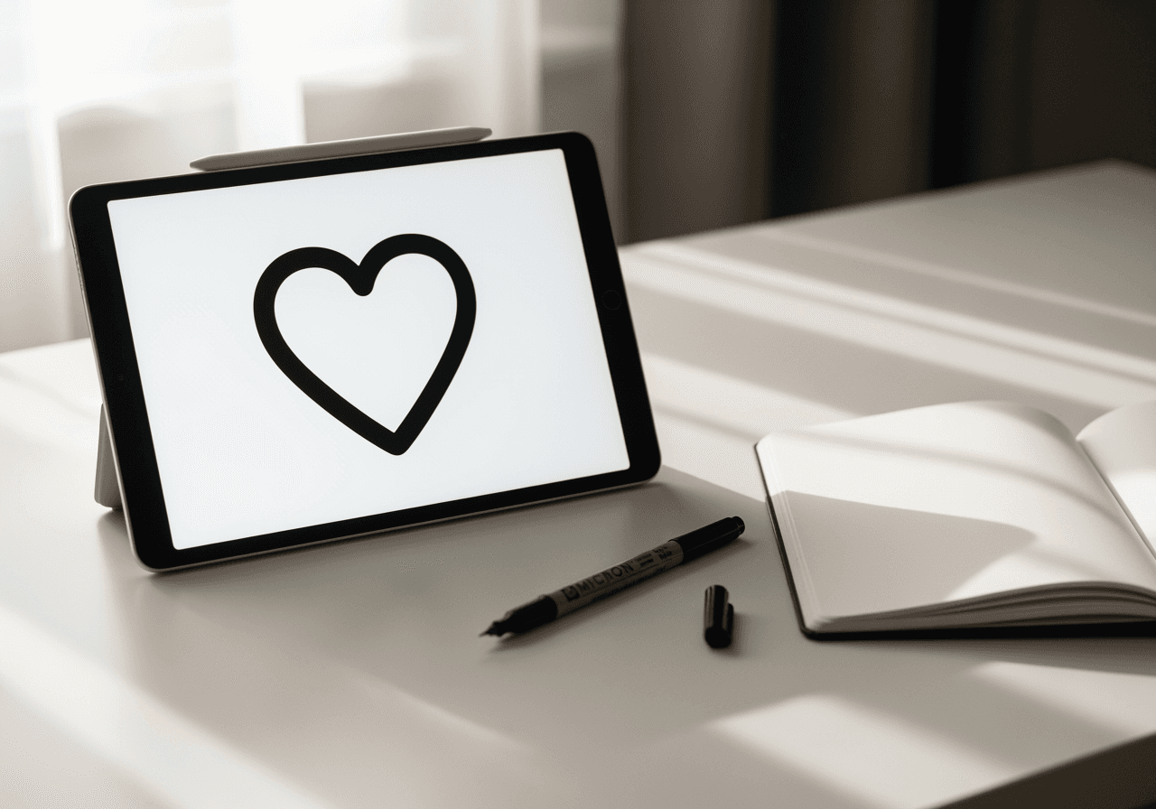 Mesa de designer minimalista com um tablet exibindo um contorno de coração preto perfeito