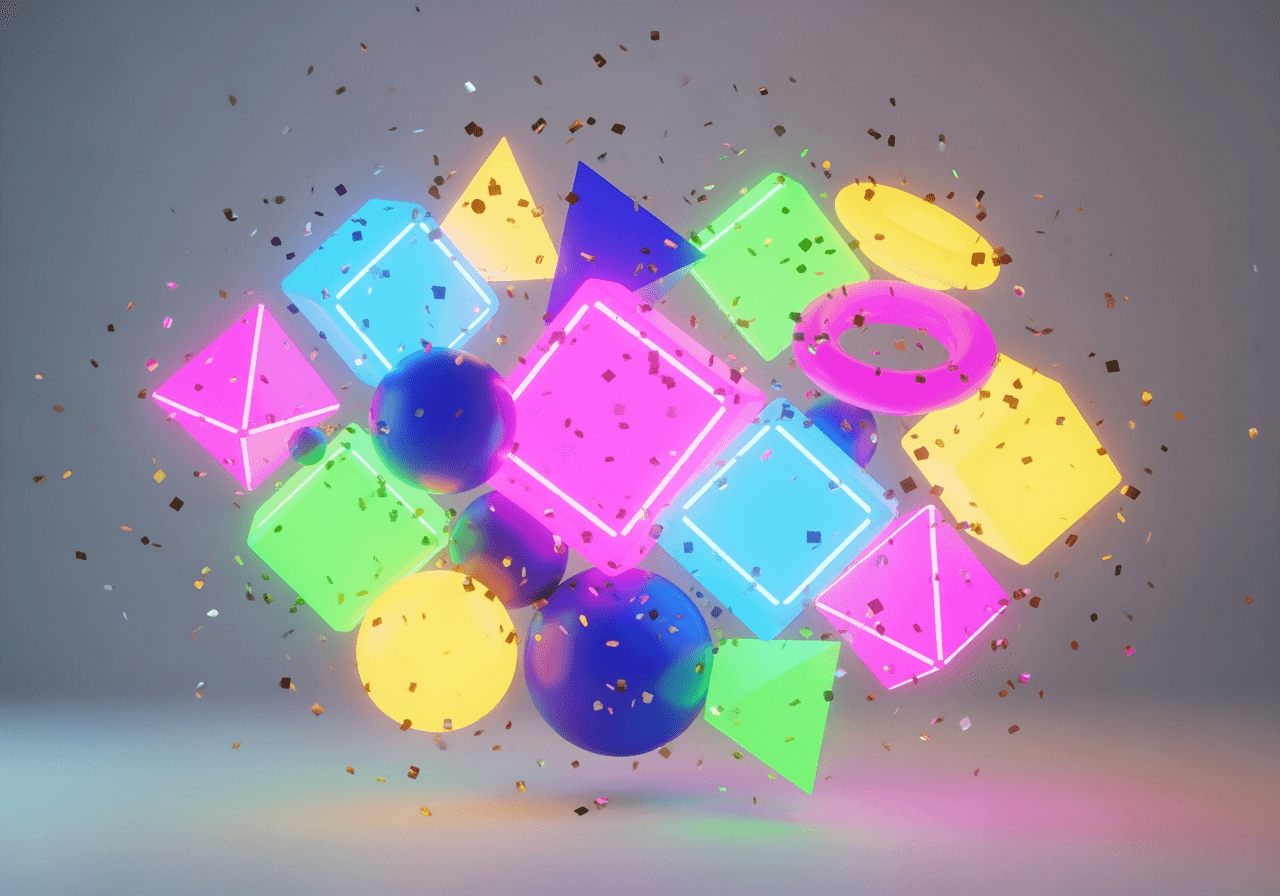 Imagen renderizada en 3D de formas de neón festivas y confeti cayendo