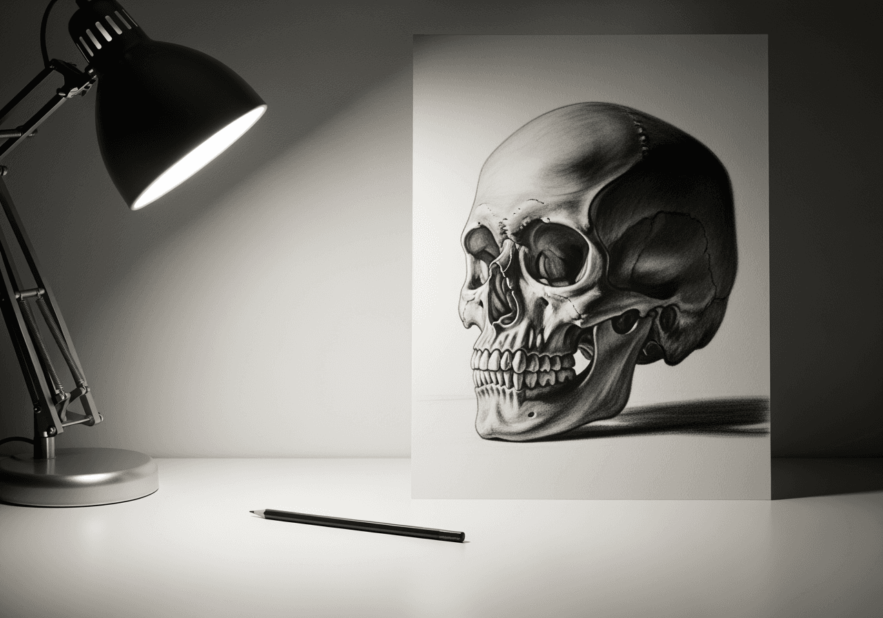 Disegno anatomico di teschio a carboncino con illuminazione drammatica su una scrivania moderna