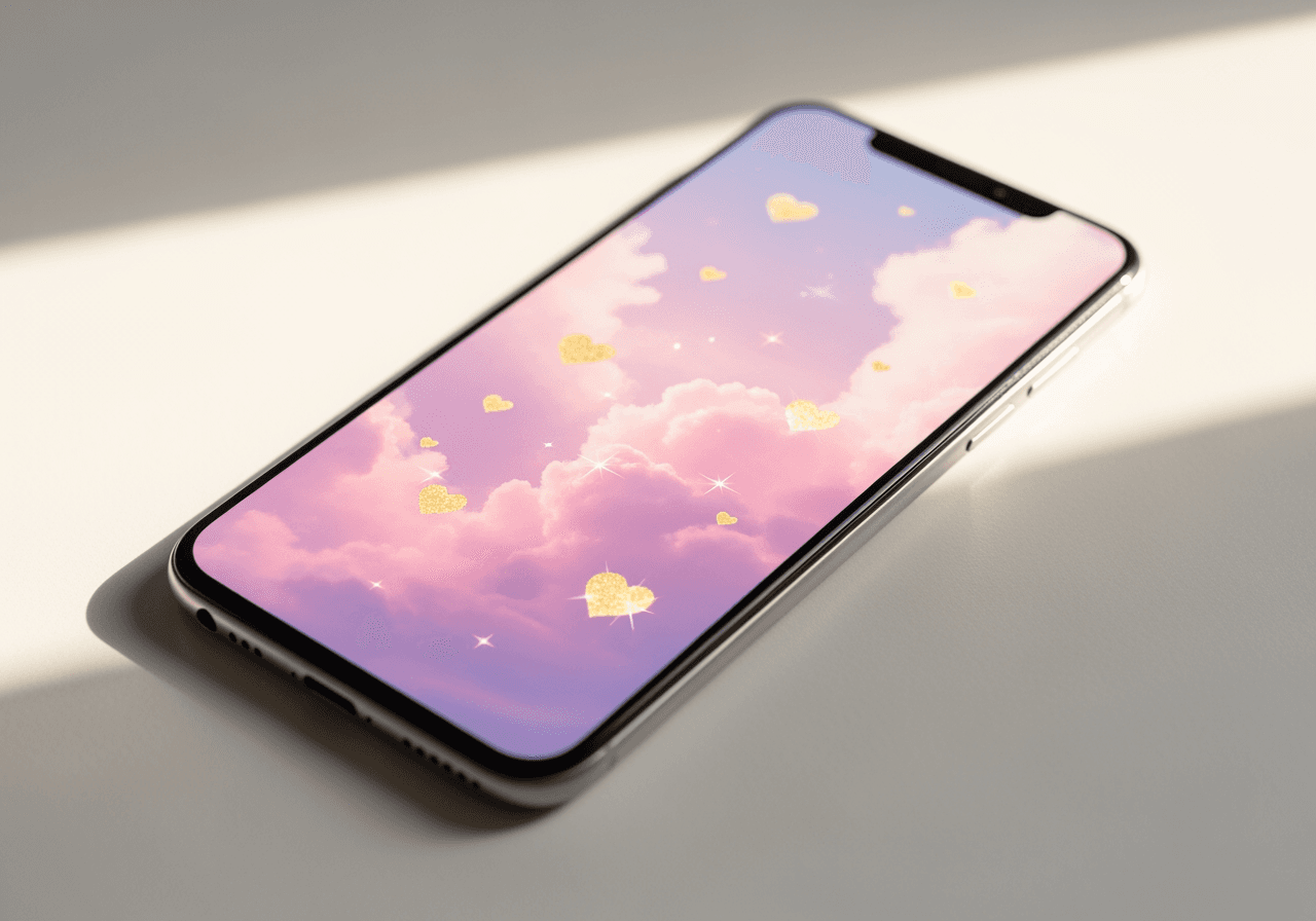 雲とハートのあるロマンチックなパステルピンクのバレンタインデー壁紙を表示するスマートフォン