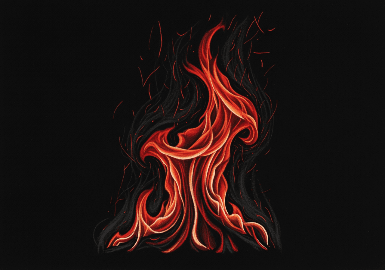Desenho dinâmico e realista a carvão de chamas vermelhas e laranjas em fundo preto