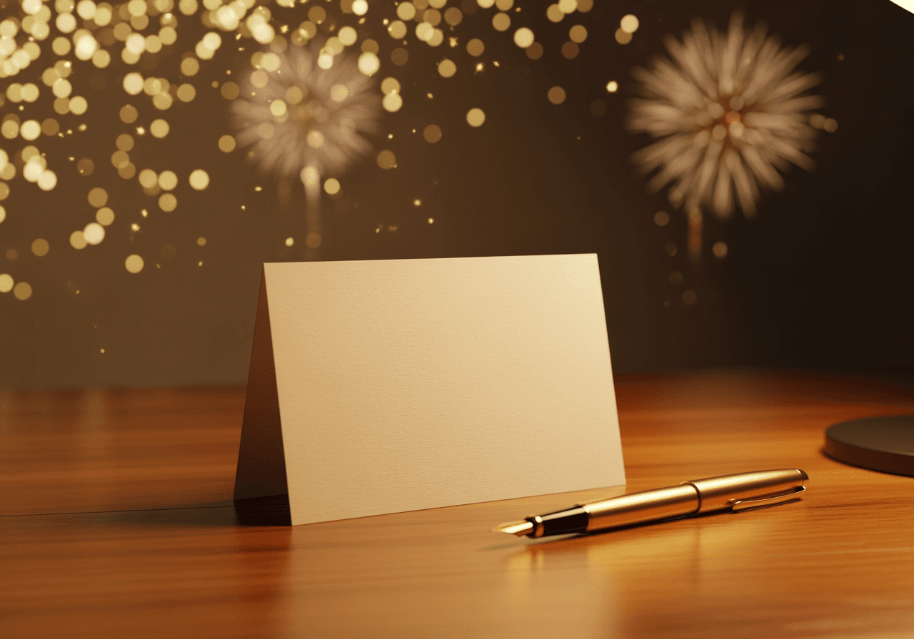 空白のグリーティングカードと金色の花火のボケ背景がある居心地の良い新年のデスク設定