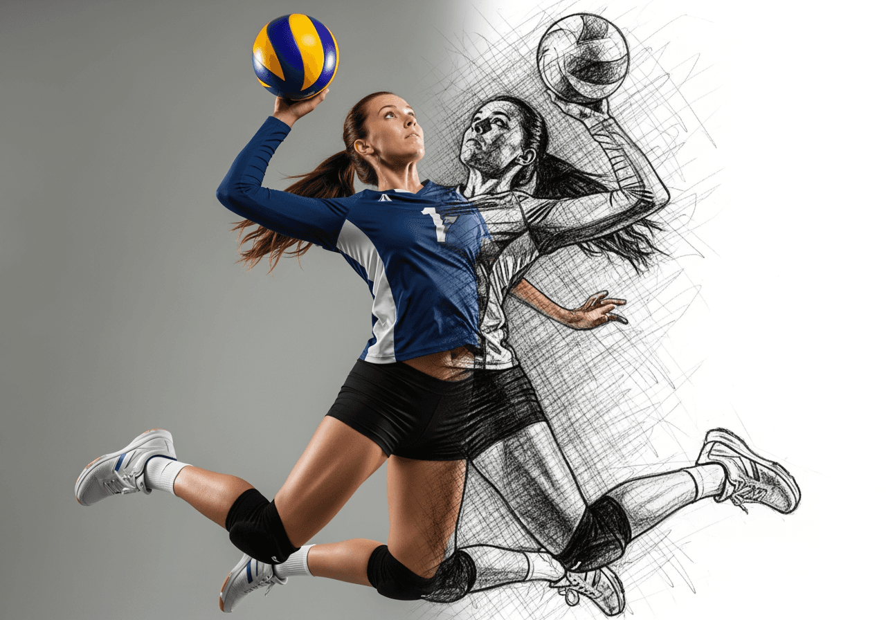 Scena dinamica di schiacciata di pallavolo che si trasforma da foto a schizzo dettagliato a carboncino