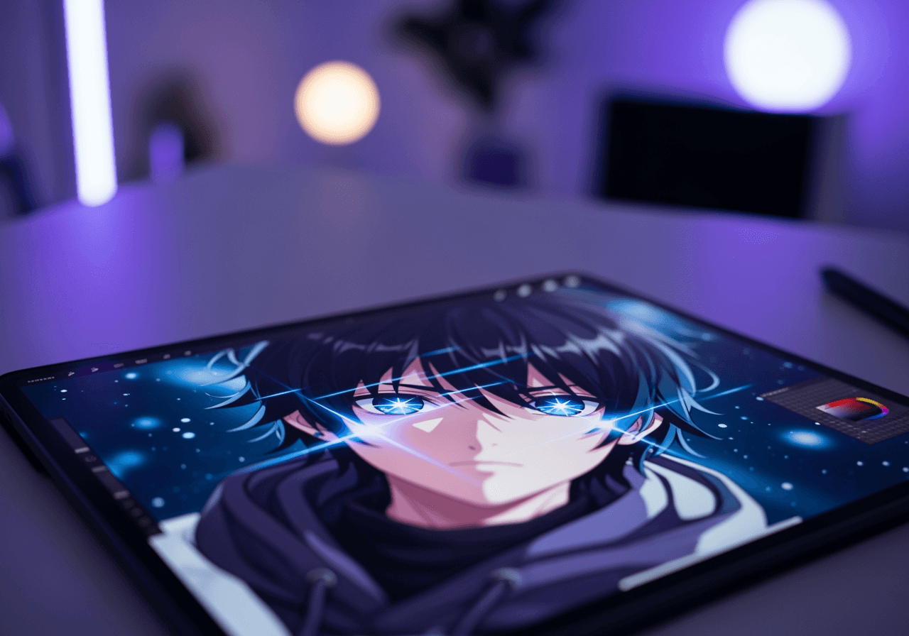 Schermo di tablet digitale che mostra un'illustrazione di un personaggio anime 2D in stile nhentia di alta qualità