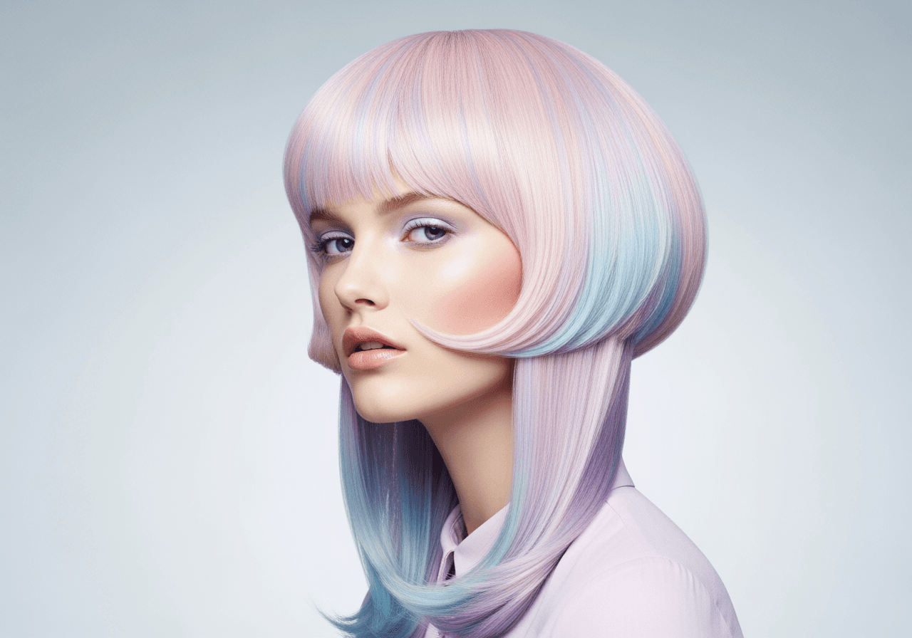 Modella con un taglio medusa di tendenza, caschetto voluminoso sopra e strati lunghi sotto