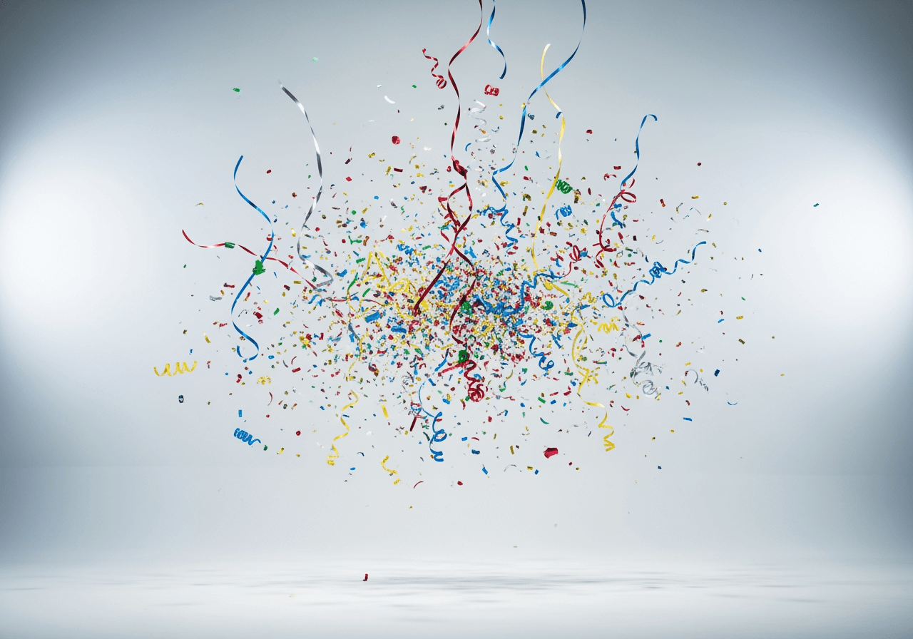 Confettis colorés et serpentins figés dans les airs sur un fond lumineux
