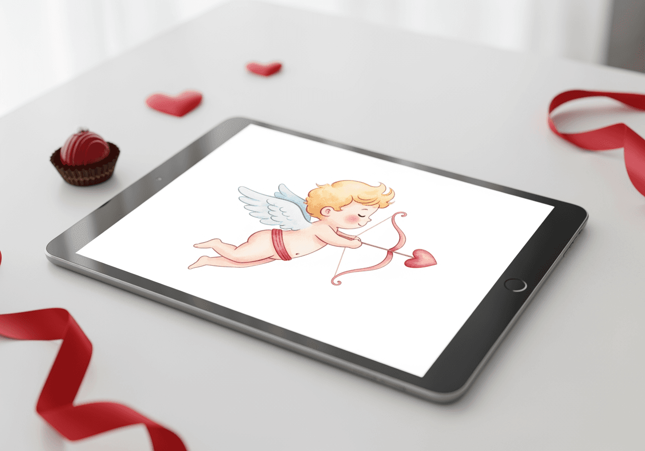 Clipart de San Valentín de Cupido estilo acuarela lindo en pantalla de tableta