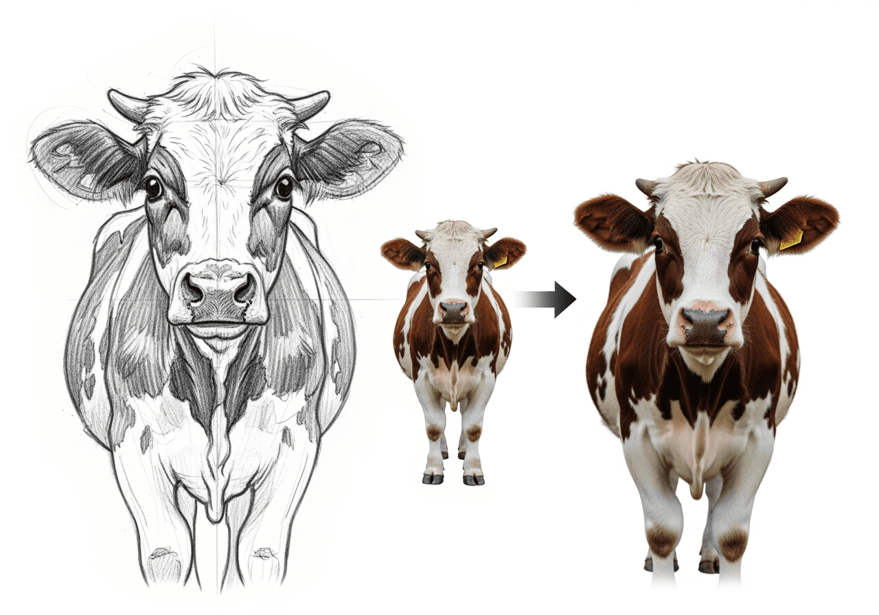 Imagen artística de una linda vaca manchada transformándose de un boceto a lápiz a una foto realista