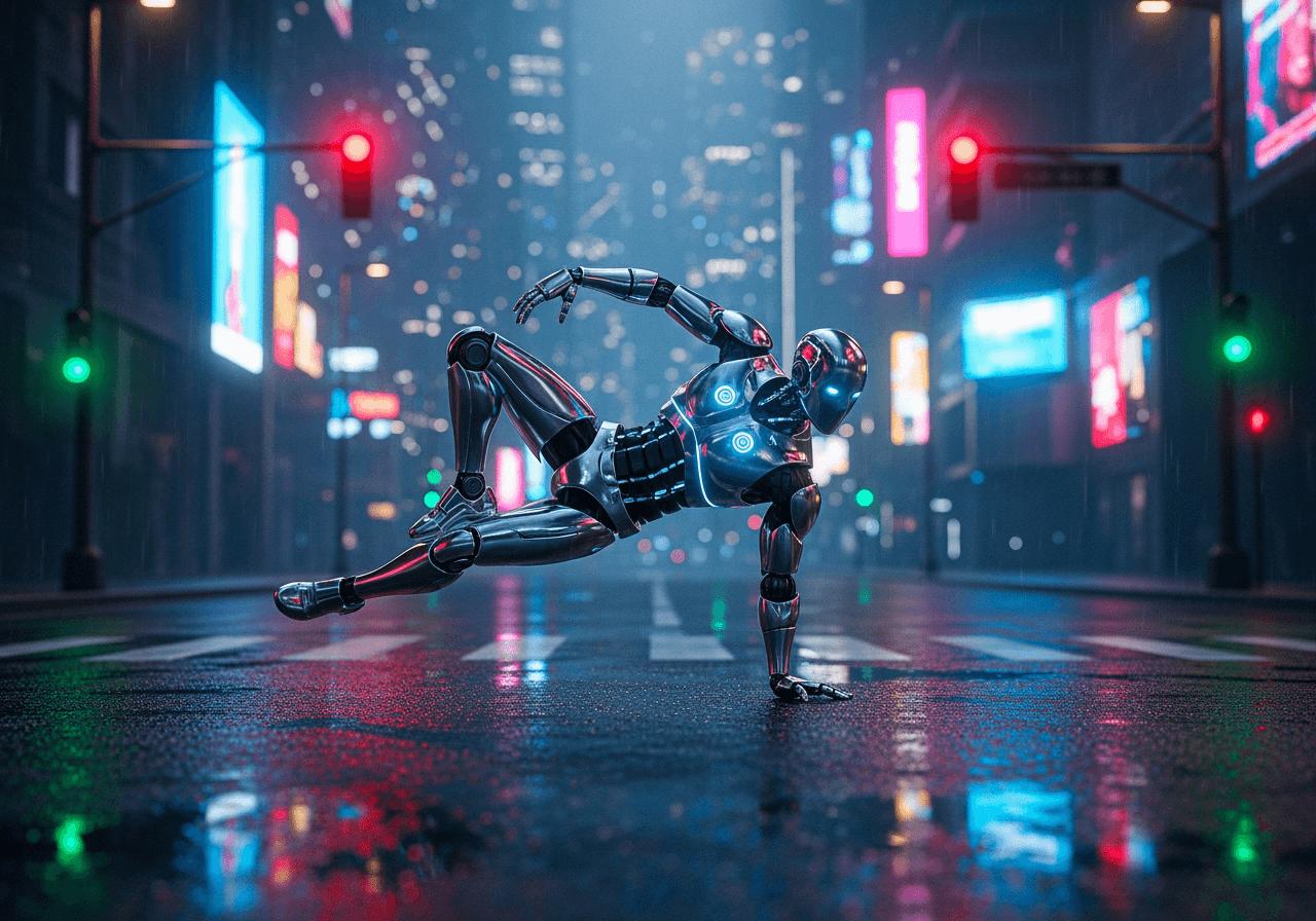 Robô futurista dançando breakdance em uma rua iluminada por neon