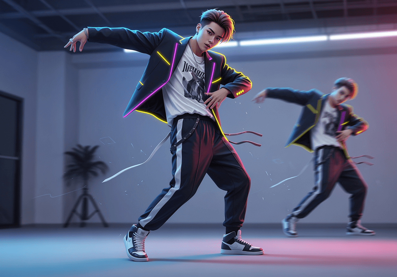 Imagen de alta calidad de un personaje de IA elegante realizando movimientos de baile K-pop dinámicos bajo iluminación colorida