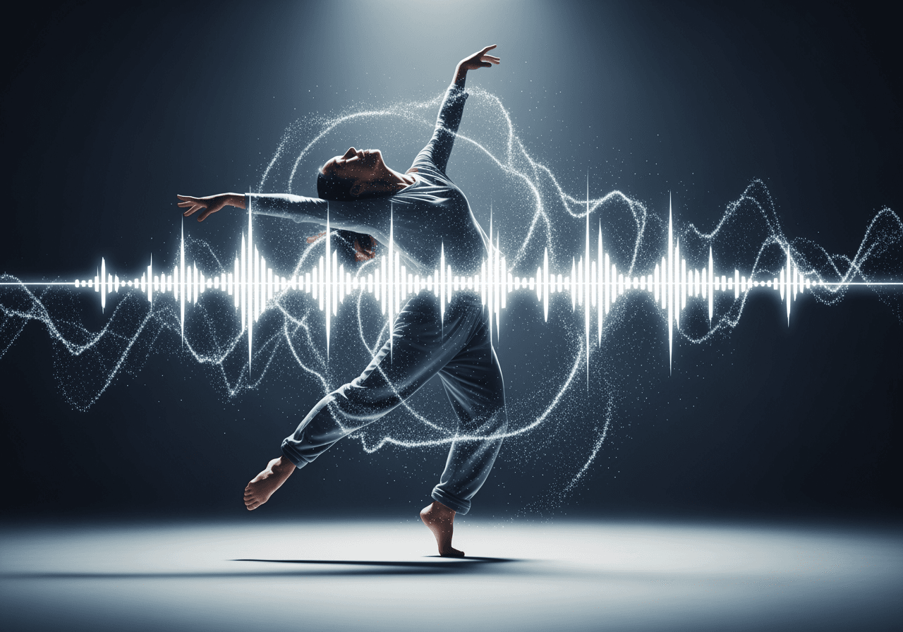 AI生成的舞者随着数字音频波形舞动的动态视图