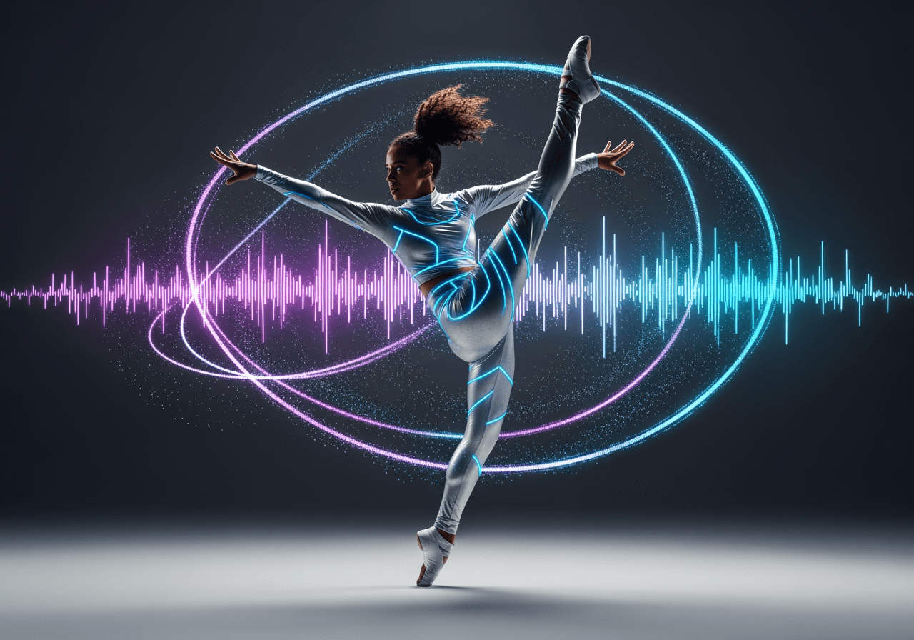 디지털 오디오 파형과 함께 춤추는 역동적인 캐릭터, AI 댄스 생성 표현