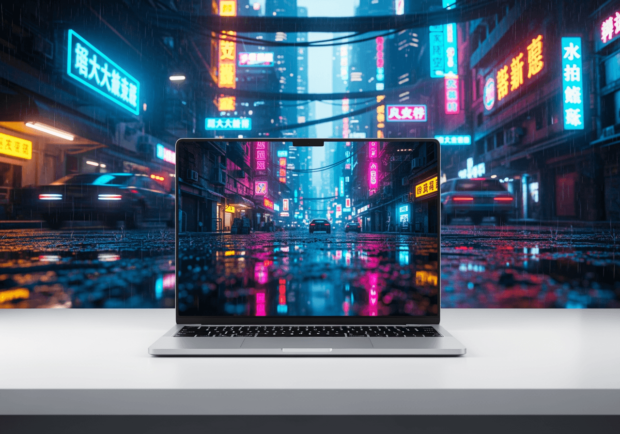 Tela de laptop moderna exibindo um vídeo cinematográfico de cidade cyberpunk neon