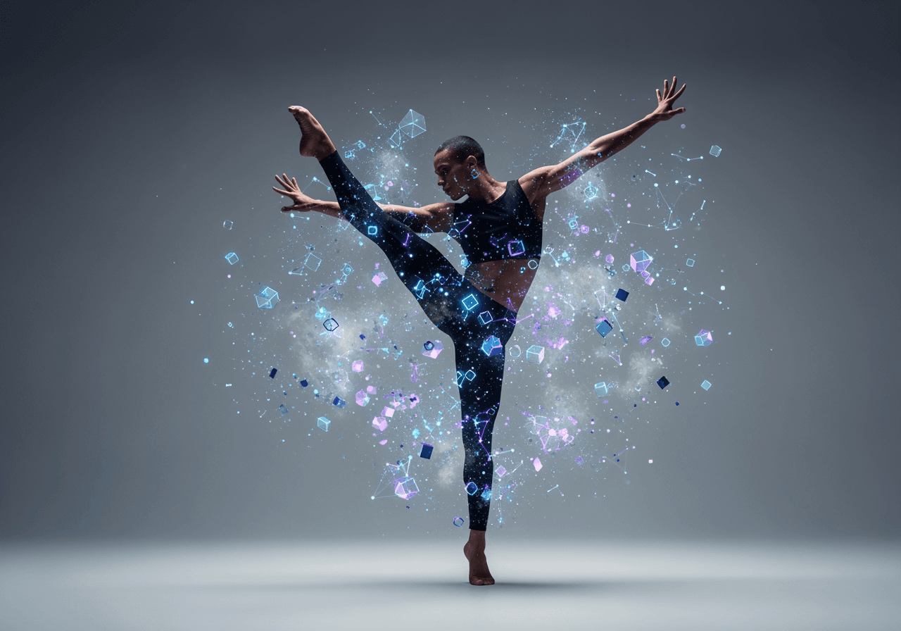 现代舞者的动态姿势，周围环绕着代表AI视频生成的数字数据粒子