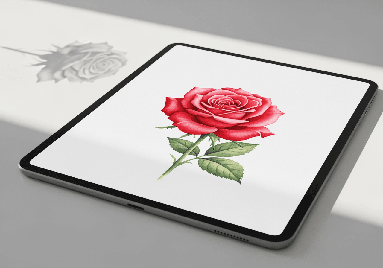 태블릿 화면에 표시된 빈티지 수채화 스타일의 붉은 장미 일러스트