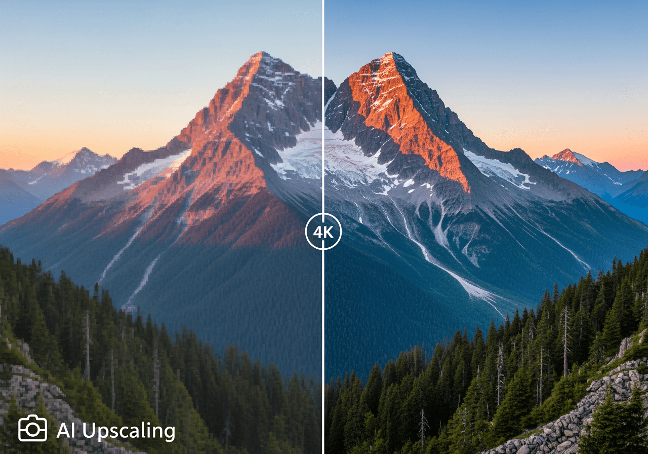 Imagem de comparação mostrando uma foto de paisagem pixelizada e desfocada se transformando em uma imagem nítida de alta definição 4K