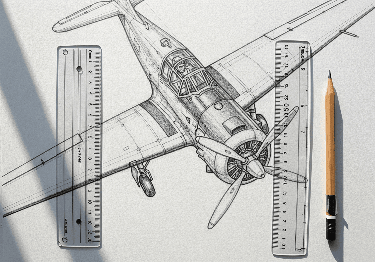 ヴィンテージプロペラ機の詳細な鉛筆スケッチ