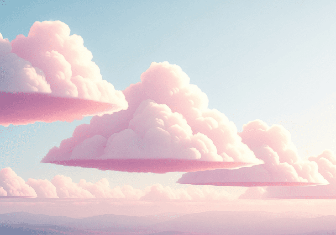 Paesaggio onirico con soffici nuvole rosa pastello in un cielo morbido
