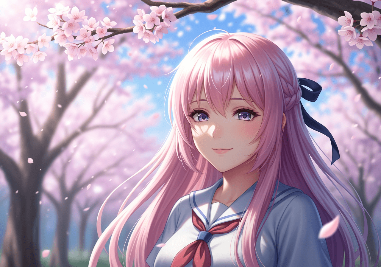 Imagem gerada por IA de alta qualidade de uma menina fofa com cabelo pastel sorrindo sob cerejeiras