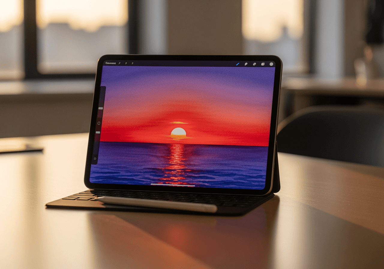 Tablette affichant un dessin de coucher de soleil à l'aquarelle avec un soleil rouge et un ciel violet dans un espace de travail moderne