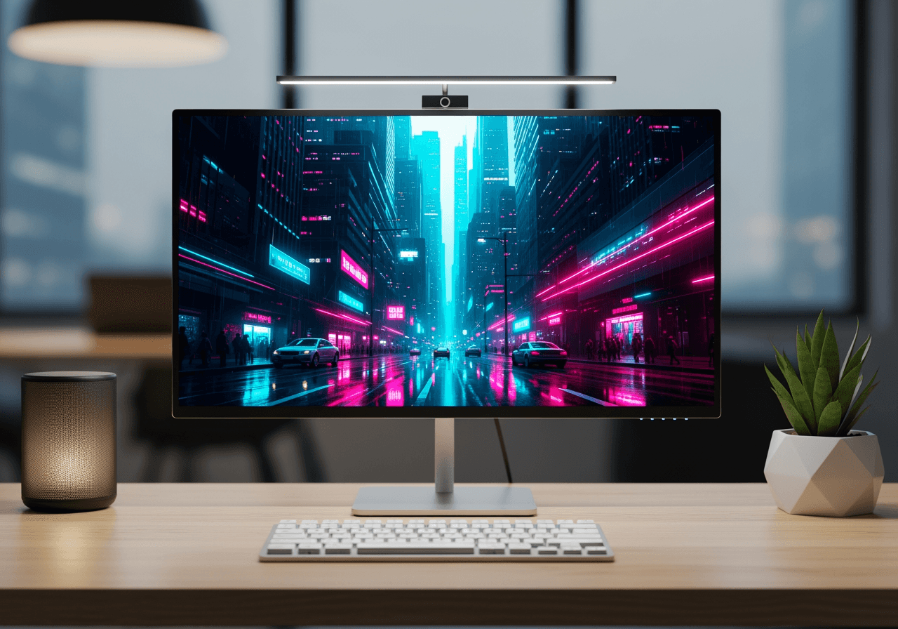 4K 사이버펑크 도시 배경화면이 띄워진 모니터와 미니멀한 책상